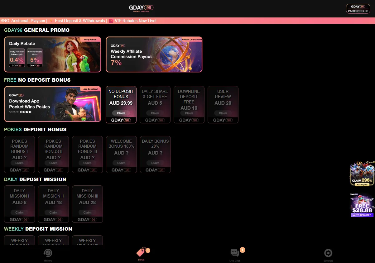 Gday96 Casino promotions area on desktop