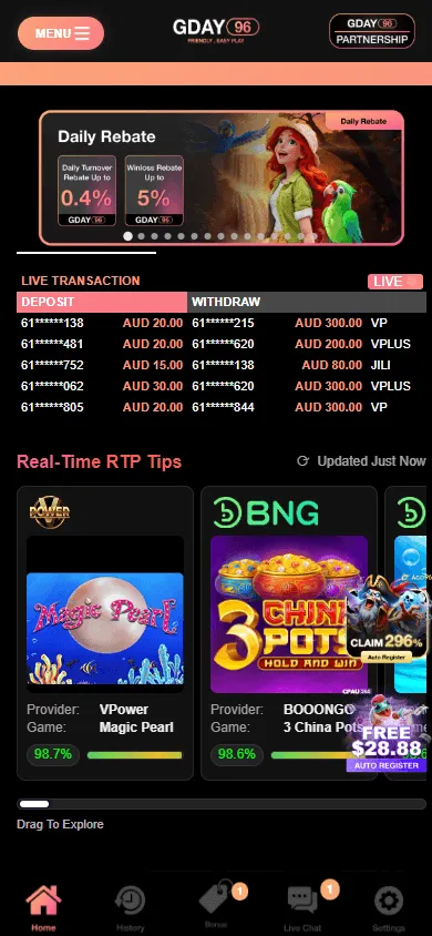 Gday96 Casino home on a mobile device