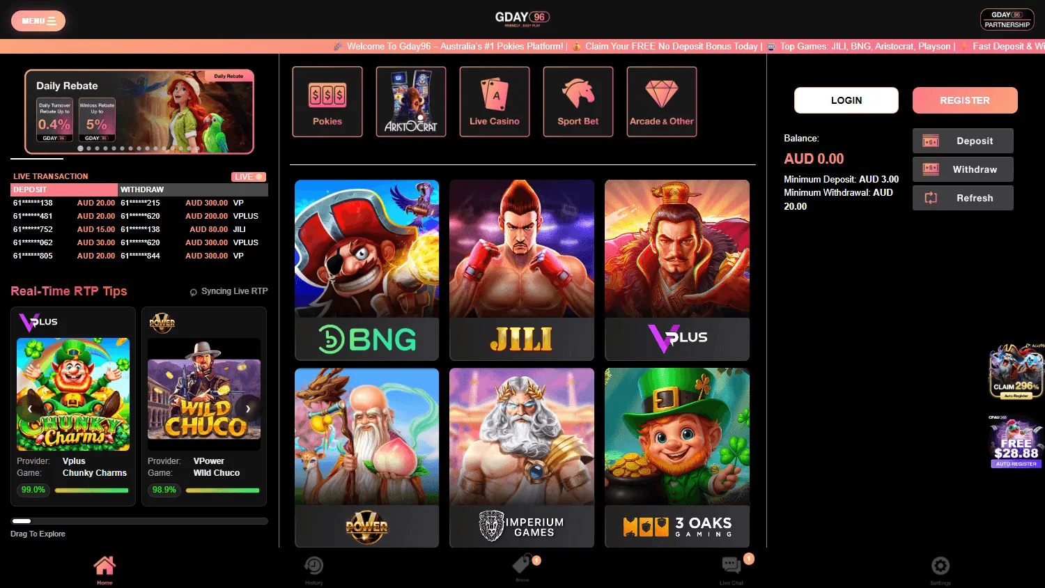Gday96 Casino home on desktop