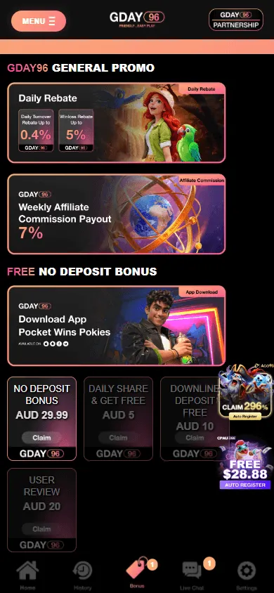 Gday96 Casino promotions area on a mobile device